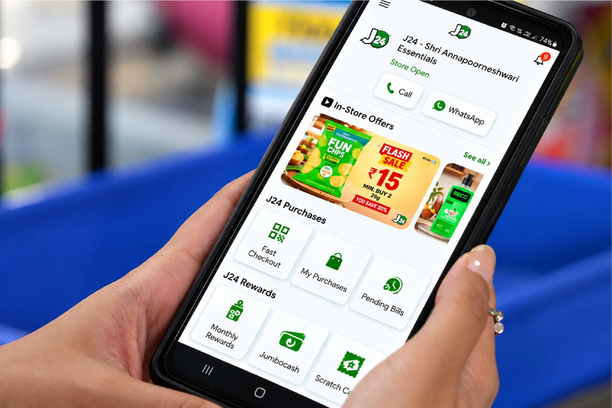 The J24 app in her hands, at the store