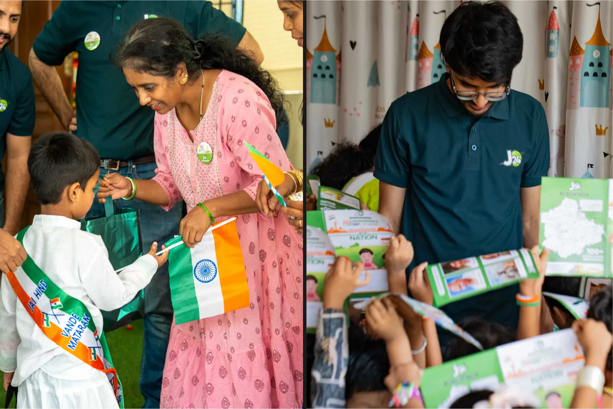 A Giant hands flags to a child, and a J24 team member hands out books to children, at community events